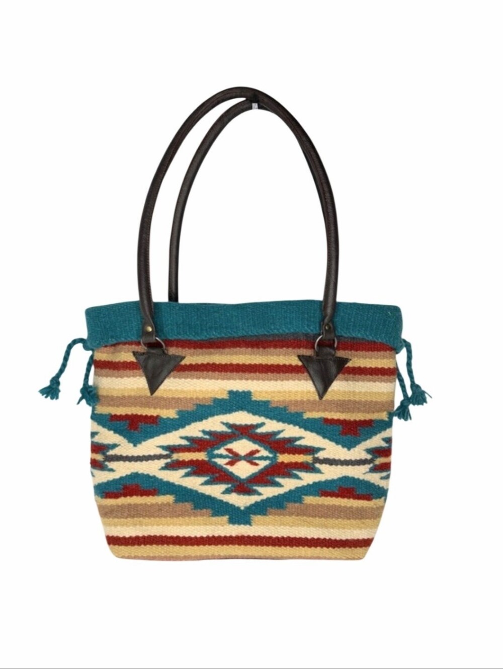 SaddleblanketBoho Aztec Knit Tote Bag in Teal, Red, Cream